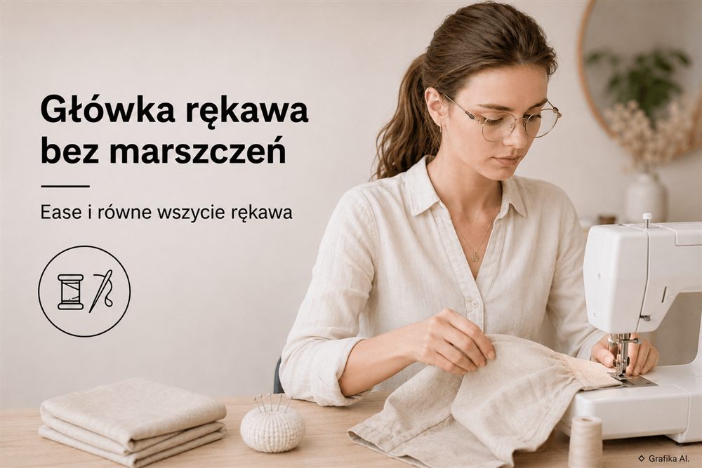 Kobieta przy maszynie do szycia wszywa główkę rękawa bez marszczeń