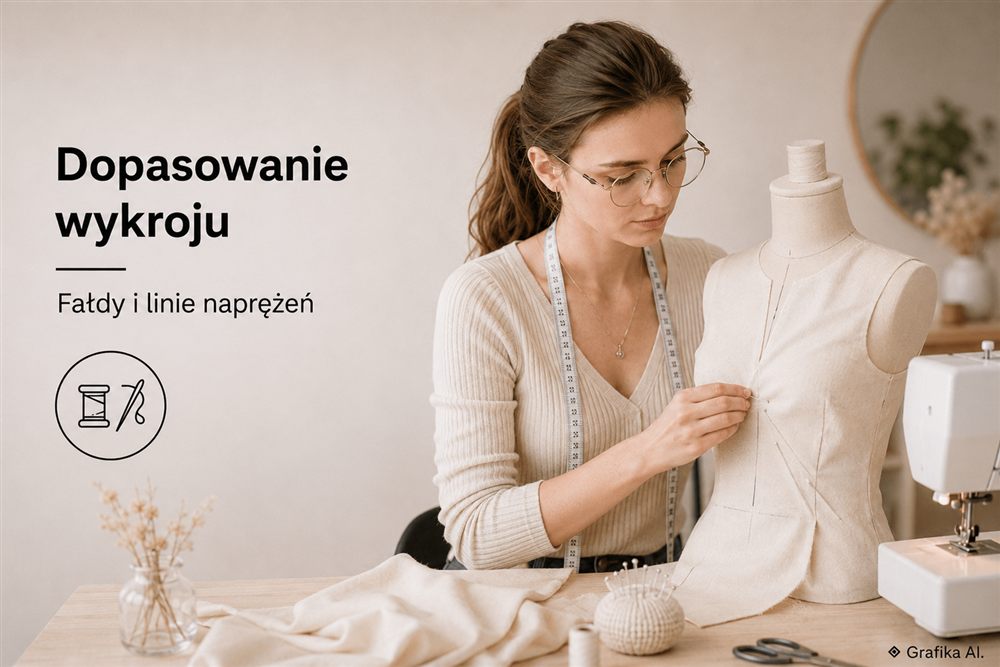 Krawcowa ocenia dopasowanie próbnego ubrania na manekinie