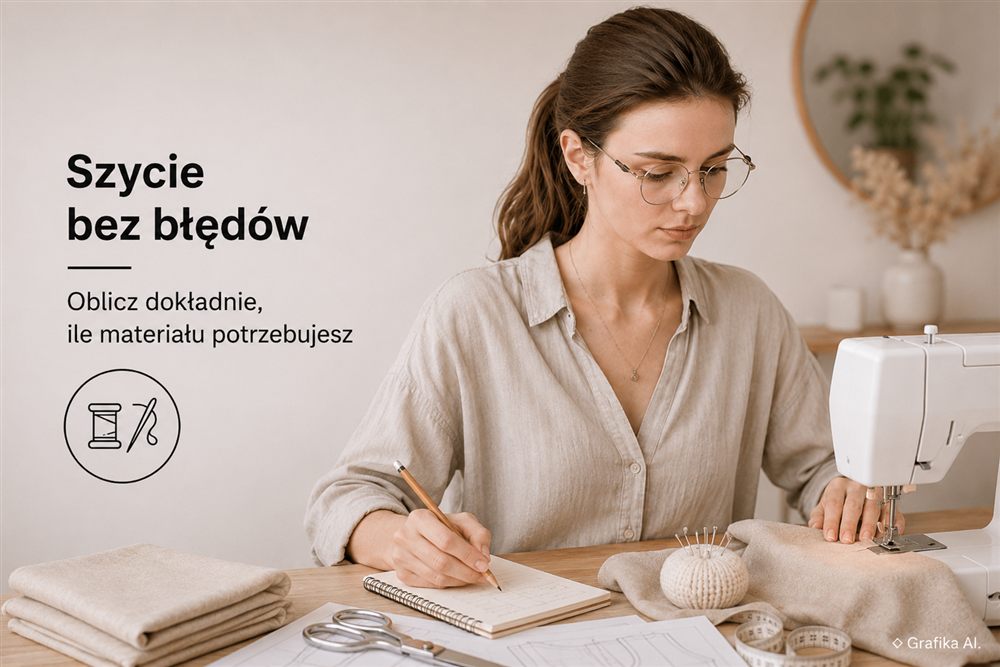 Krawcowa oblicza ilość materiału potrzebnego do uszycia ubrania