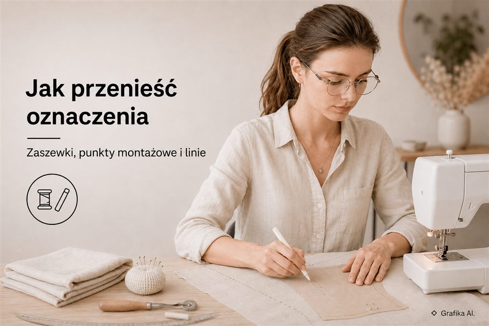 Krawcowa przenosi zaszewki, punkty montażowe i linie na jasny materiał