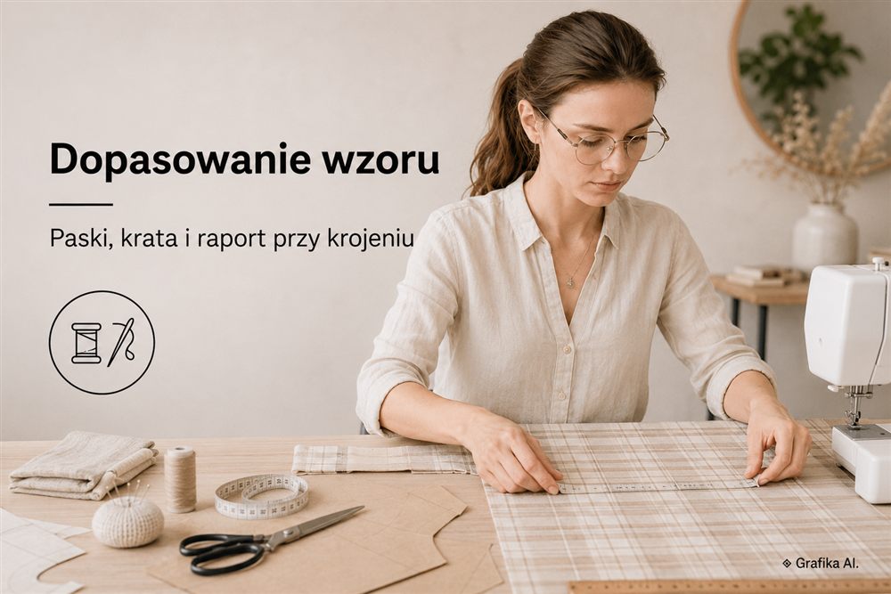 Krawcowa dopasowuje kratę na materiale przed krojeniem
